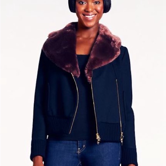 Kate Spade Trina Brown Faux Fur Black Bomber Jacket Gold Classic OldMoney - Picture 2 of 10